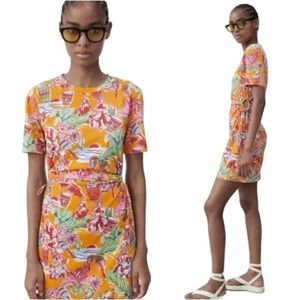 Zara Orange  Floral Tropical Mini Dress with Tie Side Cutouts Size Medium